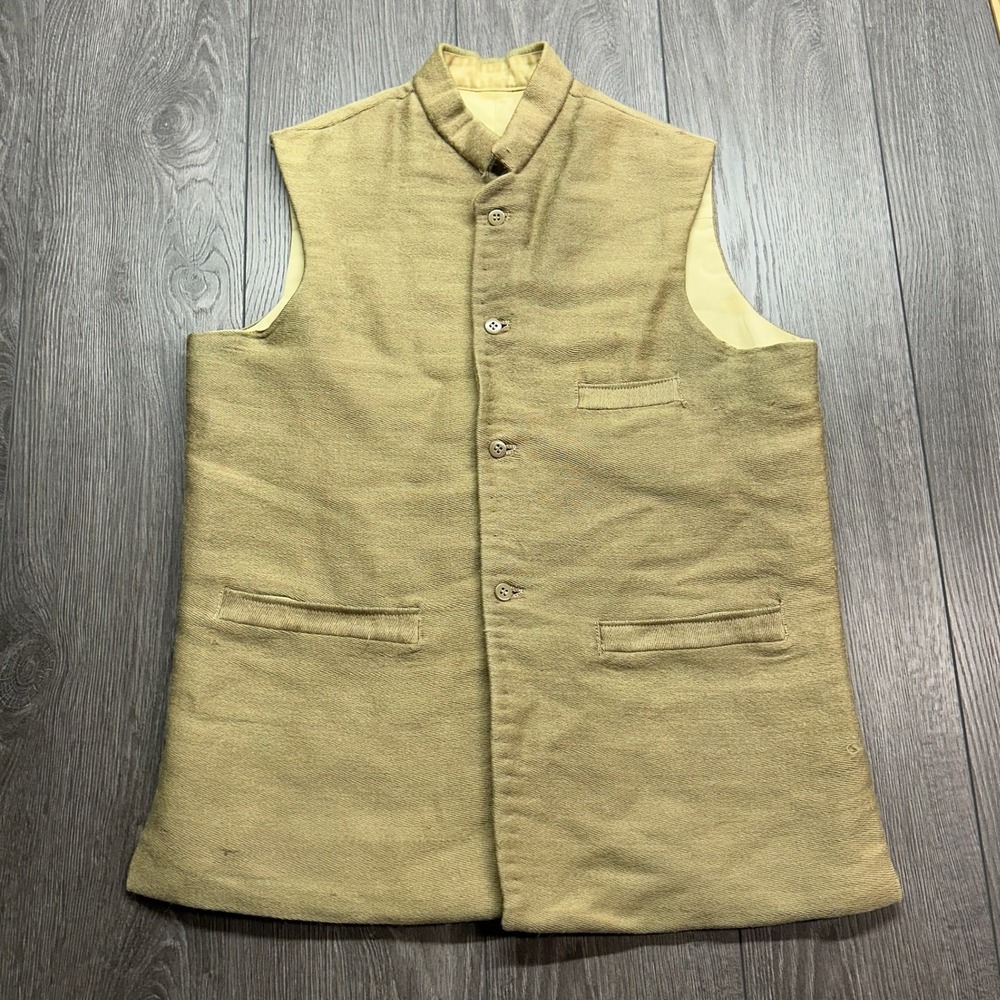 Vintage 1970s Wool Nehru Collar Vest Tan Khaki Button Front Mens Medium Large